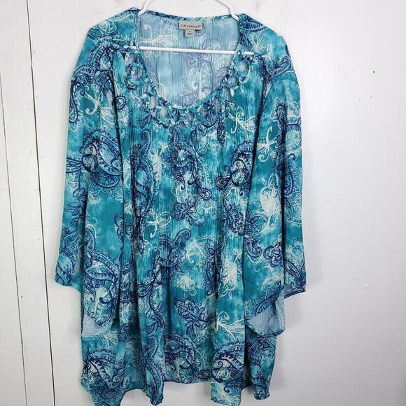 Catherines Top Womens 3X Crinkle Accordion Ocean Colorful Cutout Neckline - Picture 1 of 11